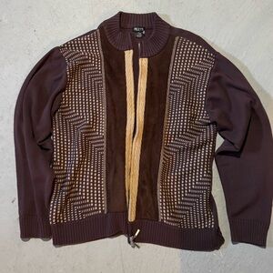 Peletti Mens full zip Knit textured brown beige sweater spring fashion  XL